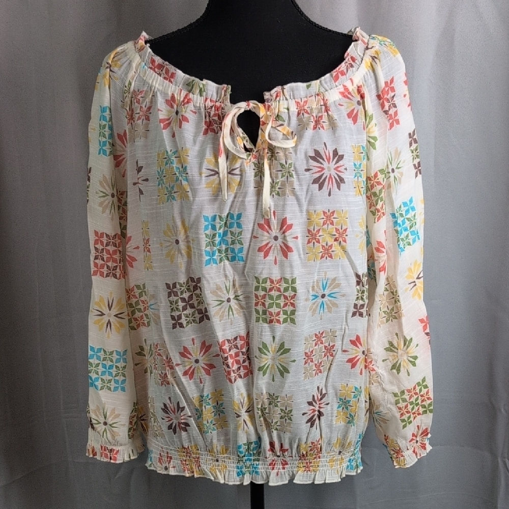Cato Blue Cream Tie Front 3/4 Sleeve Blouse